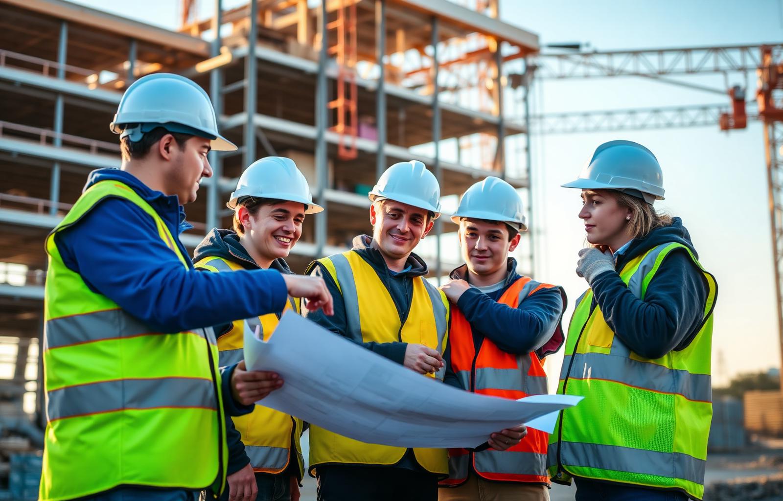 Construction apprentices reviewing site drawings