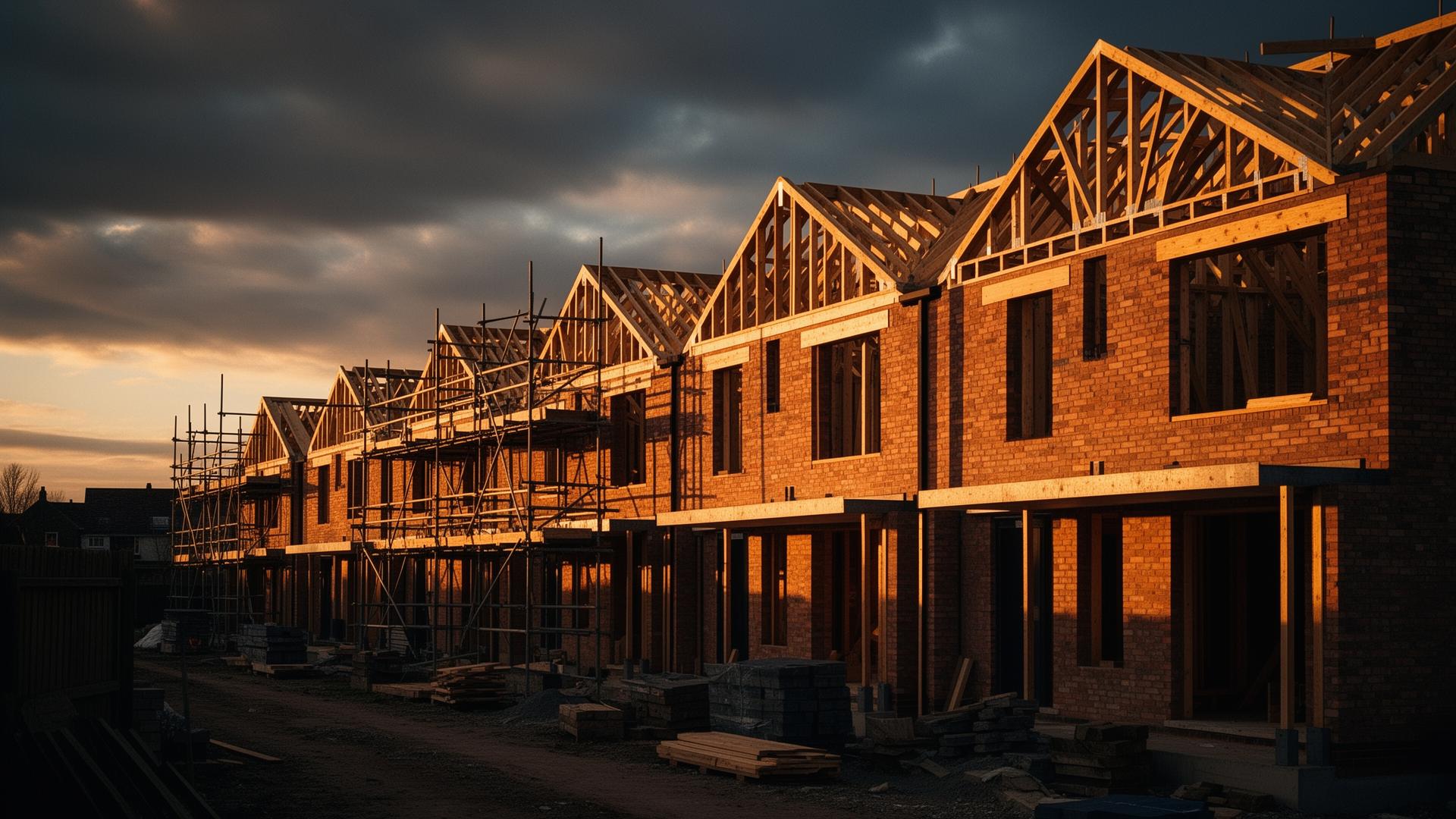 Construction site at golden hour, half-built brick homes with timber roof trusses
